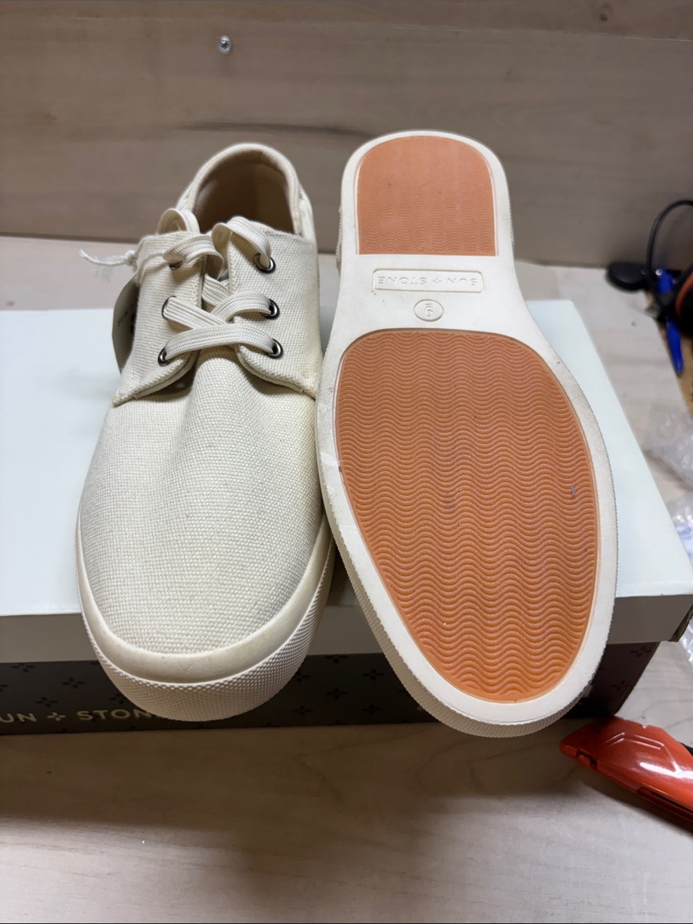 Sun + Stone Canvas Low-Top Sneakers in Cream with Tan Sole #594